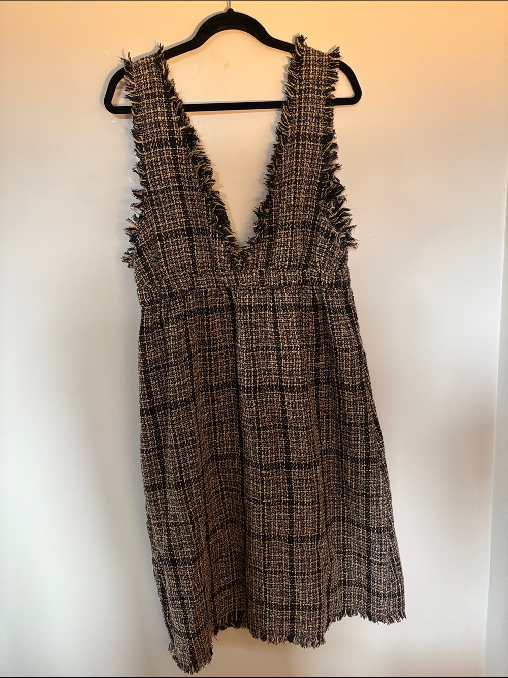 SHEIN Black and Cream Fringe-Trim Tweed Plaid Dress